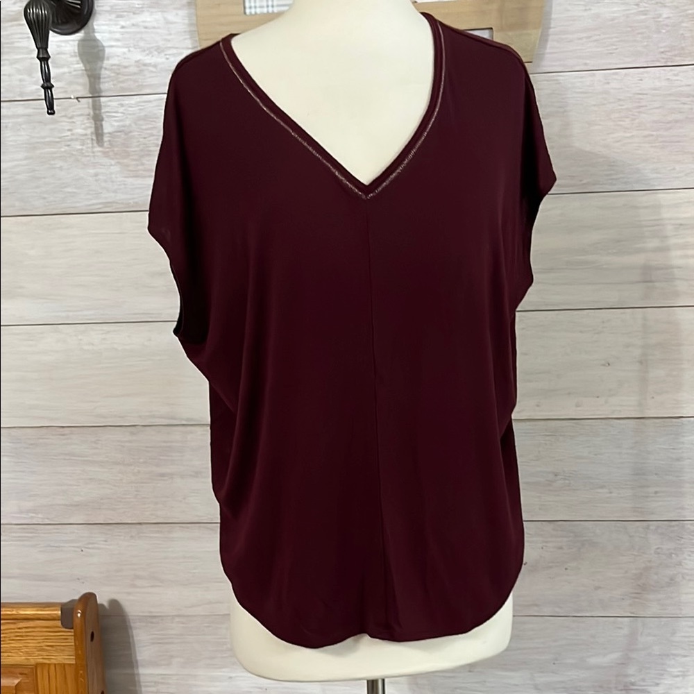 White House Black Market Deep Burgundy V-Neck Blouse L